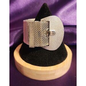 Vintage Silver Tone Wide Mesh Belt Buckle Bracelet Statement Cuff 9" Size 6.5